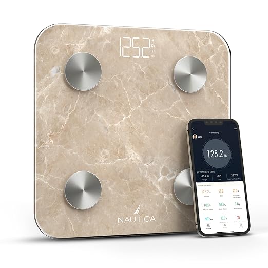 Nautica Body Tracker Digital Bathroom Scale, Bluetooth-Enabled Smart Scale with BMI, Body Fat, Muscle Mass Tracking & More, Syncs with Smartphone App for Body Composition Tracking, 396 Lbs.