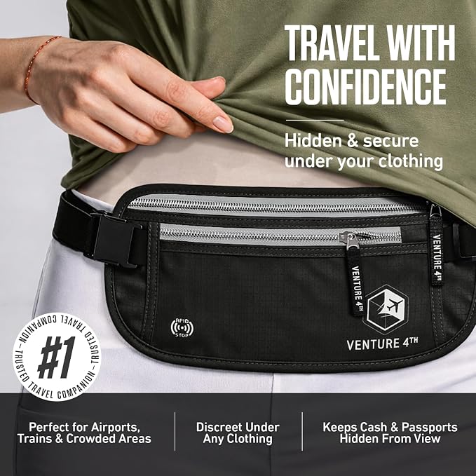 VENTURE 4TH Travel Money Belt, RFID Blocking Passport Holder - Black