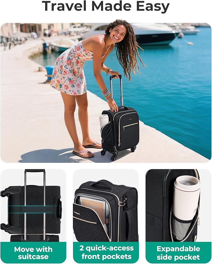 BAGSMART Underseat Carry On luggage Airline approved, 16-inch Softside Underseater Travel Suitcase with Spinner Wheels Lightweight Overnight Bag Small Rolling Carry-on for Women Men Weekender,Black