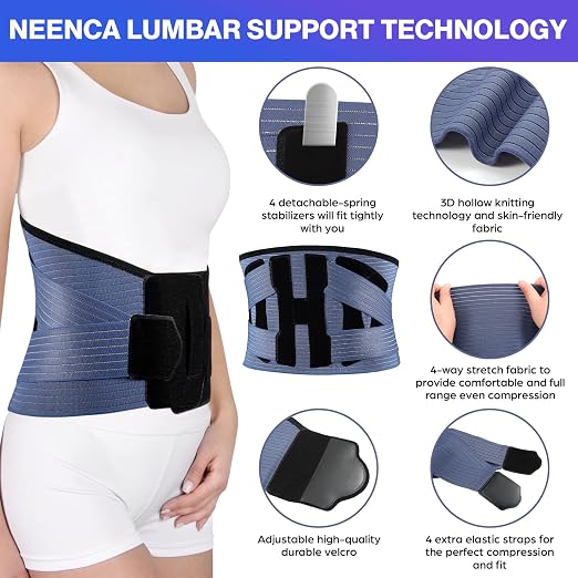 NEENCA Back Support Brace, Adjustable Lumbar Support for Pain Relief of Back/Lumbar/Waist, Waist Wrap with Spring Stabilizers for Injury, Herniated Disc,Sciatica, Scoliosis and more