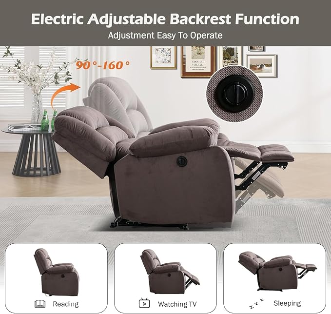 Power Recliner Chair for Adults, Oversized Electric Recliner with Soft Cushion and Back, Upholstered Soft Fabric Reclining Chair for Living Room, Bedroom, Brown