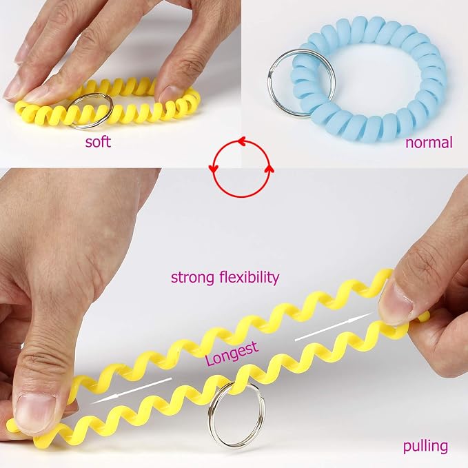 BIHRTC 6 Color Wrist Keychain Plastic Spring Flexible Spiral Wrist Coil | Stretchable Wristband Spiral Key Chain Bracelet Key Holder Key Ring for Gym Pool ID Badge Sauna Outdoor Activities