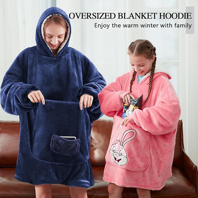 JOYWOO Navy Foldable Wearable Blanket Hoodie,Oversized Cat Lovers Sweatshirt Blanket for Adult, Birthday Gifts for Men,Dad,Husband Cozy Fuzzy Sherpa Hooded Blanket with Giant Pocket and Winter Gifts