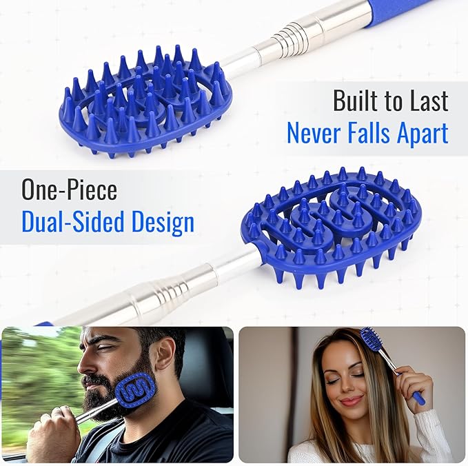 Oversized Back Scratcher Massager with 3 Detachable Heads, Stocking Stuffers for Men & Women, Extendable 30" Handle with Spikes, Rake & Bear Claw Heads (Navy Blue)