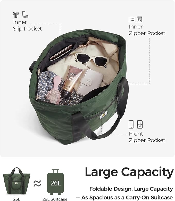 Foldable Travel Bag, 26L Duffle Bag for Travel, Expandable Second Carry-On Bag for Travel & Shopping, Water-Resistant Personal Item Bag, Dark Olive