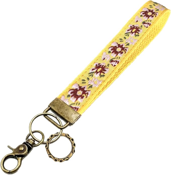 Boho Vintage Embroidered Floral plant Wristlet Keychain for Women | Cute Lanyard&Antique Brass Clasp, Lightweight Hands-Free Key Holder for keys,purses,handbags and daily outdoor use for ladies