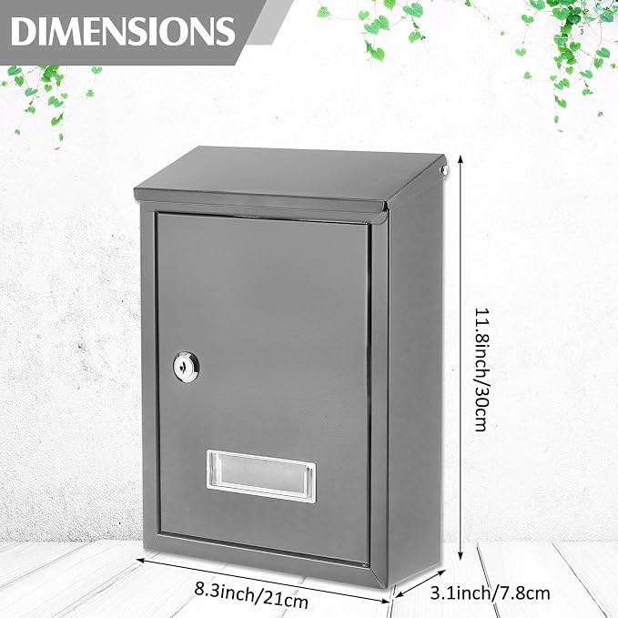 Amylove Weatherproof Mail Boxes with Key Lock, Security Locking Wall Mount Metal Mailbox with Slot for Outside, Large Capacity for Mail, Packages, Donations, Voting 11. 8" h x 8. 3" l x 2. 8" w, Gray