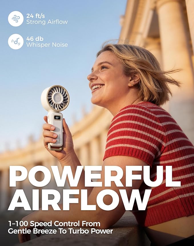 Diveblues Portable Turbo Fan, 100 Speed Handheld Fan with Strong Airflow, Foldable 4 in 1 Personal Fan for Neck, Desk & Travel, USB-C Rechargeable, Lightweight for Summer, Concerts & Outdoor Use