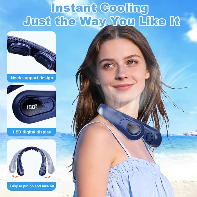 Portable Neck Fan Rechargeable - [with LED Display] 5 Speeds, 5000 mAh Battery Operated Wearable Personal Cooling Bladeless Fan for Outdoor Travel, Gifts for Men Women Kids,Dark Blue