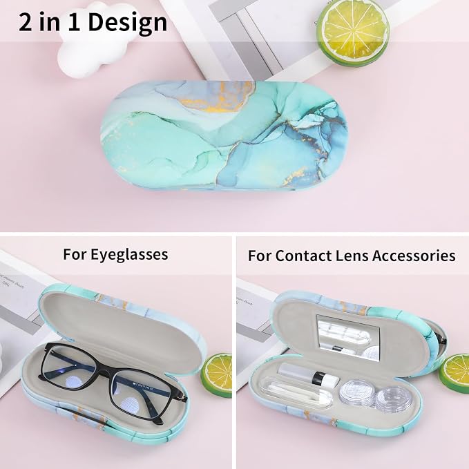 2 in 1 Contact Lens Case and Eyeglasses Case for Women Men Kids, Double Sided Hard Shell Portable Glasses Travel Holder with Built-in Mirror, Contact Lens Box (Green Marble)