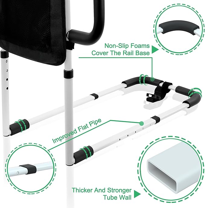 RELIANCER Bed Safety Rail for Elderly Adult w/Side Support Bar&Storage Bag,Dual Handle Assist Grab Bar for Seniors,Adjustable Bedside Support Railing,Bed Side Assist Guard Rail,Bedside Hand Guard Bar