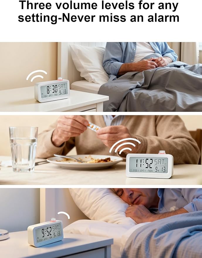 Medication Pill Reminder, Rechargeable Talking Alarm Clock with 3 Custom Voice Recording Alarms, Touch-to-Talk, a Digital Alarm Clocks Gift for Mom/Dad/Seniors/Elderly(White)