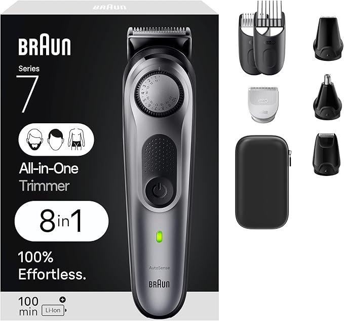 Braun All-in-One Style Kit Series 7 7410, 8-in-1 Trimmer for Men with Beard Trimmer, Body Trimmer for Manscaping, Hair Clippers & More, Sharpest Blade, 40 Length Settings, Waterproof