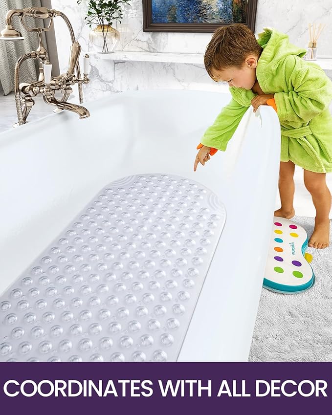 DEXI Bathtub Mat Non Slip 16x35, Shower Floor Mats for Bathroom Bath Tub, Washable Oval Bathmat with Suction Cups and Drain Holes, Clear