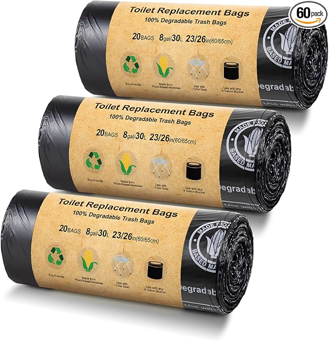 BLIKA 60 Count Toilet Replacement Bags, 8 Gallon, 30 Liter, Heavy Duty 1 Mil, Compost Bags 8 Gallon, Camping Toilet Bags for Portable Toilet, Car Travel, Camping, Long Trips