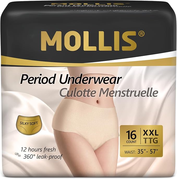MOLLIS Disposable Period Underwear, Postpartum Panties, XXL, Beige, 16Ct | Heavy Flow Period Underwear, Superior Absorbency, Leak Proof Design, Maternity Knickers, Soft Comfort Fit, Unscented