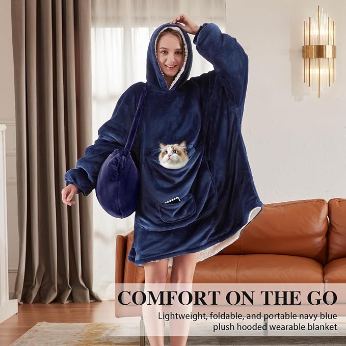 JOYWOO Navy Foldable Wearable Blanket Hoodie,Oversized Cat Lovers Sweatshirt Blanket for Adult, Birthday Gifts for Men,Dad,Husband Cozy Fuzzy Sherpa Hooded Blanket with Giant Pocket and Winter Gifts