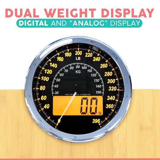 Hybrid Bathroom Scale - Analog & Digital Display, Accurate to 400 lbs | See weight on both an analog dial and digital LCD at once. Wide glass platform, accurate to 0.2 lbs, batteries included.