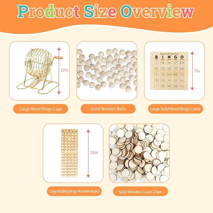 Deluxe Wooden Bingo Game Set with Large Metal Bingo Cage, 25 Reusable Bingo Cards, 75 Wooden Bingo Balls & Number Board, 700 Chips – Bingo Game for Adults, Family Game Night & Large Groups