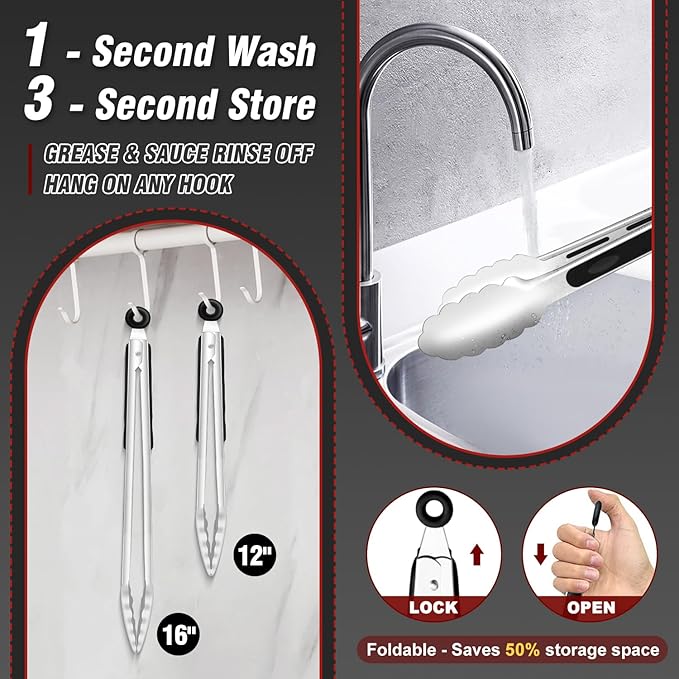 Walfos Extra Long Grill Tongs - Heavy Duty Metal Tongs - 16 & 12 inch Great for Grilling,BBQ/Barbecue,Cooking - Stainless Steel and Non-Slip Heat Resistant Silicone Handle (Set of 2)