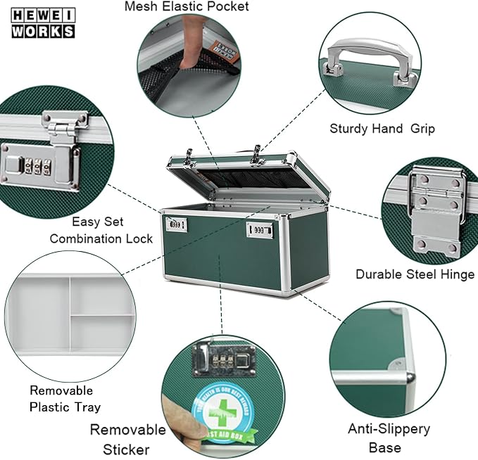 Large capacity Locking Box， Lockable Medication Box with Portable Storage Case, 15''x 8.7''x 9.3'', Childproof Medicine Lock Organizer, Locked Empty First Aid Storage Case (GREEN)
