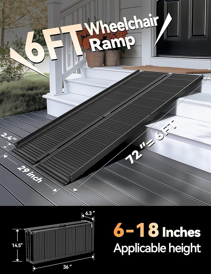 Black Aluminum Ramp 6FT, With Non-Slip Surface Wheelchair Ramp, Folding Portable Wheelchair Ramps for Home Steps,Scooter Ramp for Car, Stairs, Doorways, Curbs, 800 LBS Weight Capacity, 28.3" W x 72" L