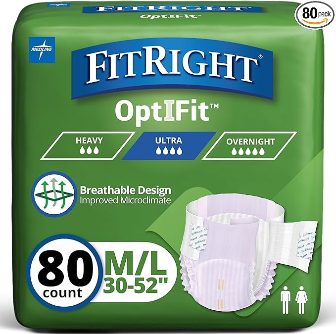 FitRight Stretch Adult Incontinence Briefs with Tabs, Ultra Absorbent, Size 1, 30" to 52", 80 Count