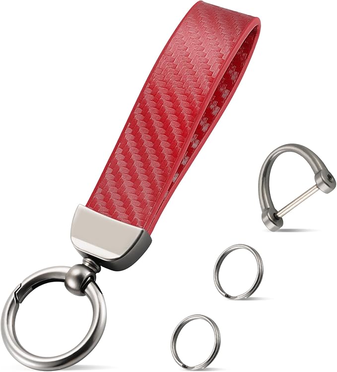 JUSTTOP Leather Keychain, Carbon Fiber Car Key Chain with Anti-Lost D-Ring and 2 Key Ring, Keychain Wristlet, Car Accessories, Universal Keychain for Men and Women (Red)