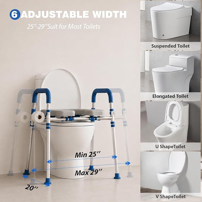 Raised Toilet Seat with Handles, Blue | Adjustable Height & Width, 400lbs Capacity, Padded, For Seniors, Disabled, Post-Surgery, Fits Most Toilets