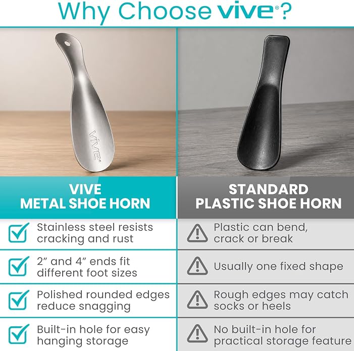 Vive Metal Shoe Horn For Seniors, Men, Women - Stainless Steel ShoeHorn | With Wide Handle - Metal Spoon Lazy Shoe Helper for Boots, Dress Shoes, Casual Sneakers - Portable, Extended Reach Helper