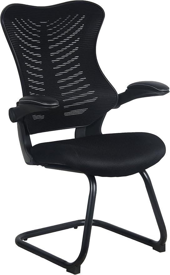 OfficeFactor Reception Guest Office Chairs with Flip Up Arms – Comfortable Mesh, Ergonomic Contour, Modern Convertible Furniture for Visitors, Meeting Groups 300 Lbs Rated (Black)