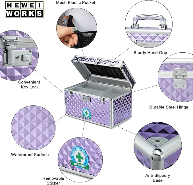 Storage Box with Key Lock, Lockable Medicine Storage Box, Empty First Aid Box, Security Lock Box, Multipurpose Locking Box for Home and Outdoor Use （purple, X-Large）