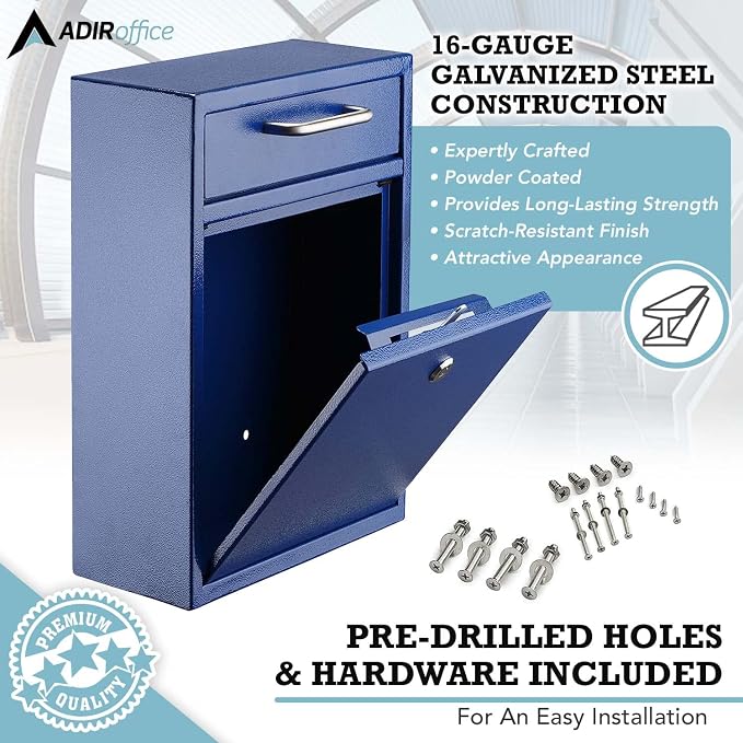 AdirOffice Mailboxes for Outside Wall Mount Large with Key Lock, Metal Locking Mailbox with Post Outdoor, Residential Mail Box Lock and Key, Cash Drop Box for Money, Parcel, Envelopes & Cards Blue