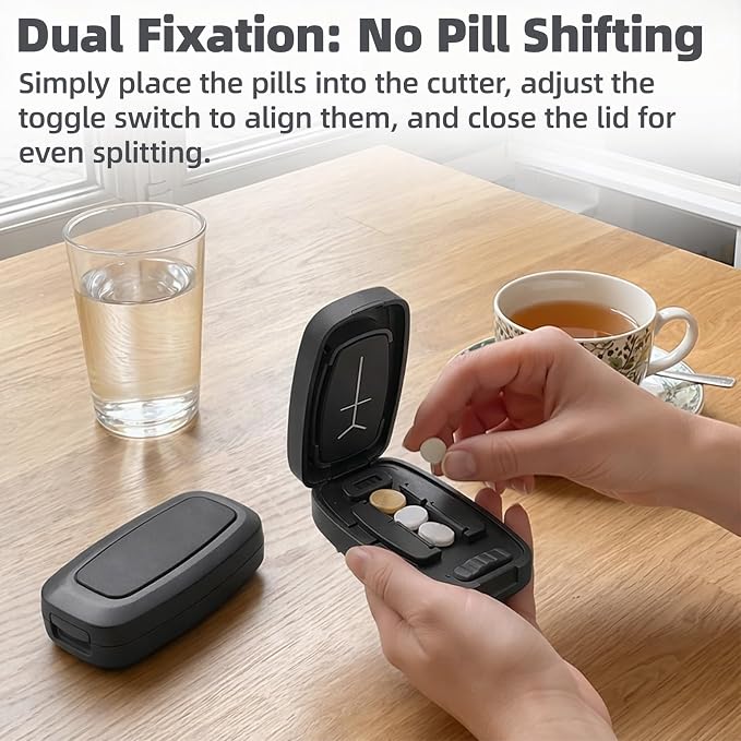 Pill Cutter Splitter with Adjustable Slot, 1/2 1/3 1/4 Even Splitting for Small Large Pills, Oval Long Tablets & Vitamins, Dual Fixing Clips, Multi-Pill Cutting, Hidden Sharp Blade (Black)