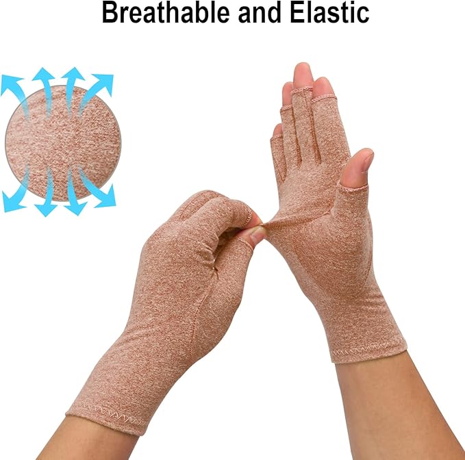 2-Pair Arthritis Compression Gloves for Alleviate Rheumatoid Osteoarthritis, Carpal Tunnel Raynauds Disease, Fingerless Design Breathable & Moisture, Women and Men (Coffee, Medium)