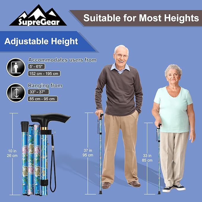 supregear Folding Cane, 5-Level Adjustable Height Walking Stick Lightweight Collapsible Portable Travel Cane with Wrist Strap and T Handle for Elderly Disabled Men Women