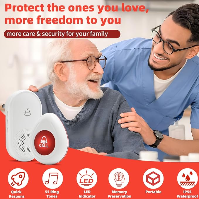 Wireless Caregiver Pager SOS Call Button for Elderly Monitoring 1000+ Feet Life Alert，Emergency Alert System Call Bell for Nurse Patient Disabled 1 Waterproof Transmitter & 1 Plugin Receiver