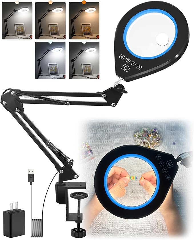 Magnifying Glass with Light and Stand, 10X & 5X Desk Magnifying Lamp, Stepless Dimmable Magnifier with Light, Adjustable 10 Brightness Level and 5 Color Modes Clamp Lamp for Craft Workbench (Blue)