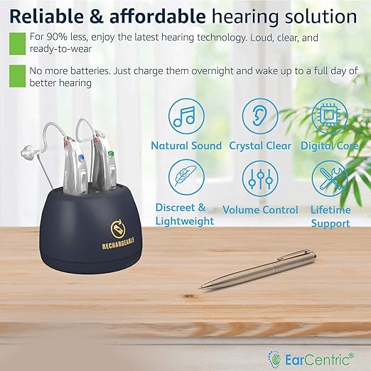 [Silver] EarCentric EasyCharge Rechargeable Hearing Aids (Pair) for Seniors, Behind-The-Ear BTE Ear Aid PSAP digital Personal sound amplification products devices with Noise Cancellation