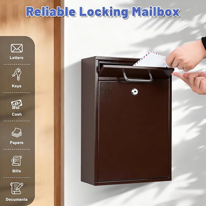 KYODOLED Locking Wall Mount Mailbox for Outside, Drop Box, X-Large, Bronze | Heavy-Duty Steel, Outdoor Mail Box with Key Lock, Large Capacity, Home, Office & Apartment Use, 16.2H × 11.2L × 4.6W In