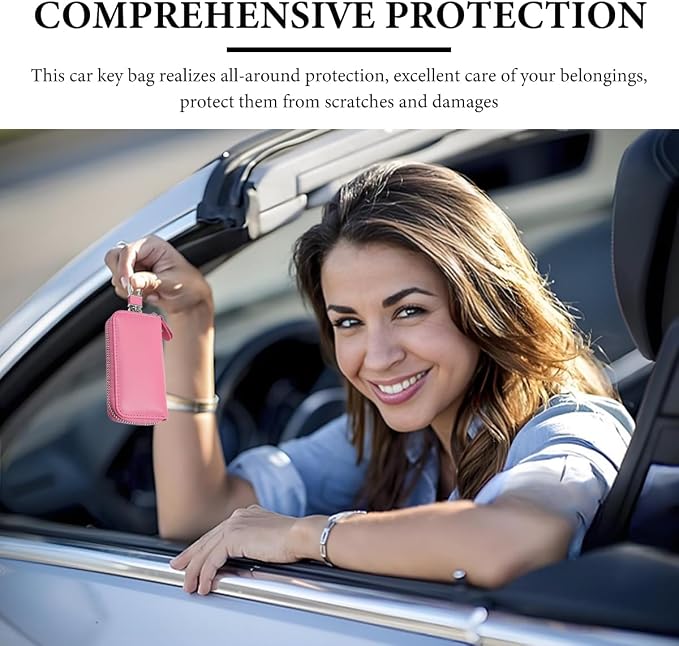 Leather Car Key Holder Bag, Unisex Key Fob Case with 6 Hooks, Zipper Closure Keychian Case Wallet for Smart Keys (Pink)