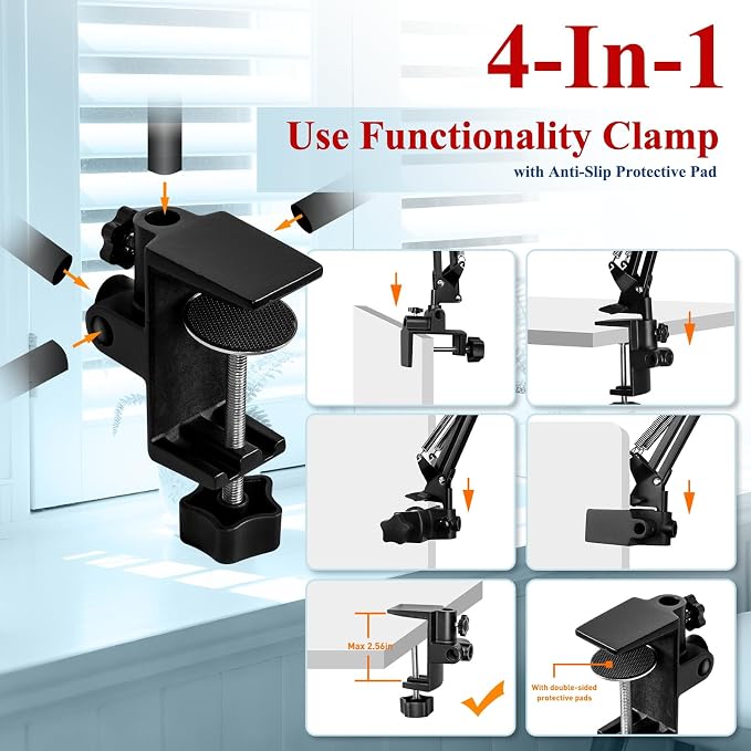 12X Square Magnifying Glass with Light and Clamp, Solder Helping Hand | Workbench Lighted Magnifier, 3-Section Swing Arm, 5 Colors Stepless Dimmable LED Desk Lamp with Stand for Hobby Repair Craft