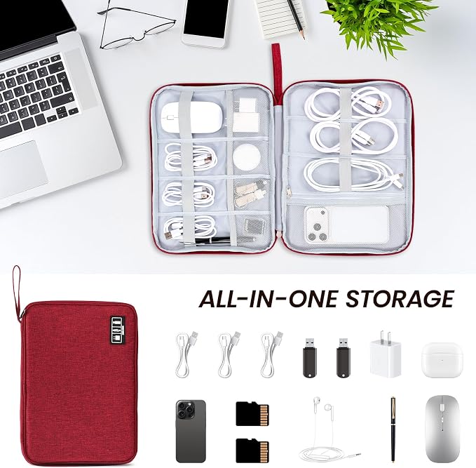 Electronic Organizer Travel Case, Slim Cable Accessories Pouch, Single Layer Tech Pouch & Cord Storage Bag for Chargers, Power Bank, SD Cards - Minimalist Travel Essentials