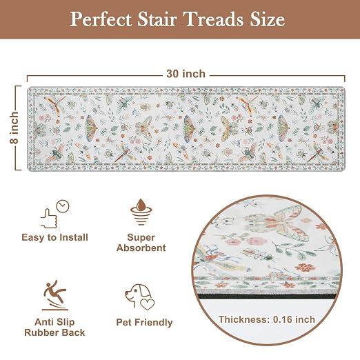 OJIA Insect Stair Treads Non-Slip Stair Runner for Wooden Steps 15PC 30"x8" | Indoor Stair Runners Carpet Stair Treads for Wood Stairs Staircase Step Treads for Kids, Elders, Dogs, Stair Covers, Beige