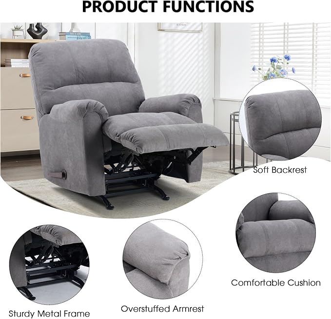 Rocker Recliner Chair for Adults,Manual Recliner Chair with Overstuffed Backrest and Armrests, Soft Fabric Manual Rocking Reclining Sofa for Living Room,Grey