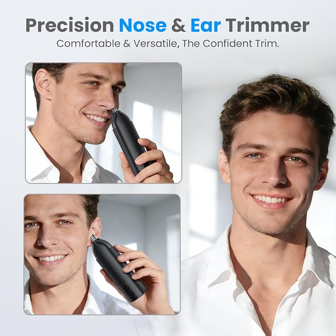 Phisco Nose Hair Trimmer for Men: 120 Mins Runtime USB-C Rechargeable | IPX7 Waterproof Nose Trimmer for Ear and Nose Easy Clean, Updated 360° Hollow Ring Painless Hair Removal, Quiet & Powerful