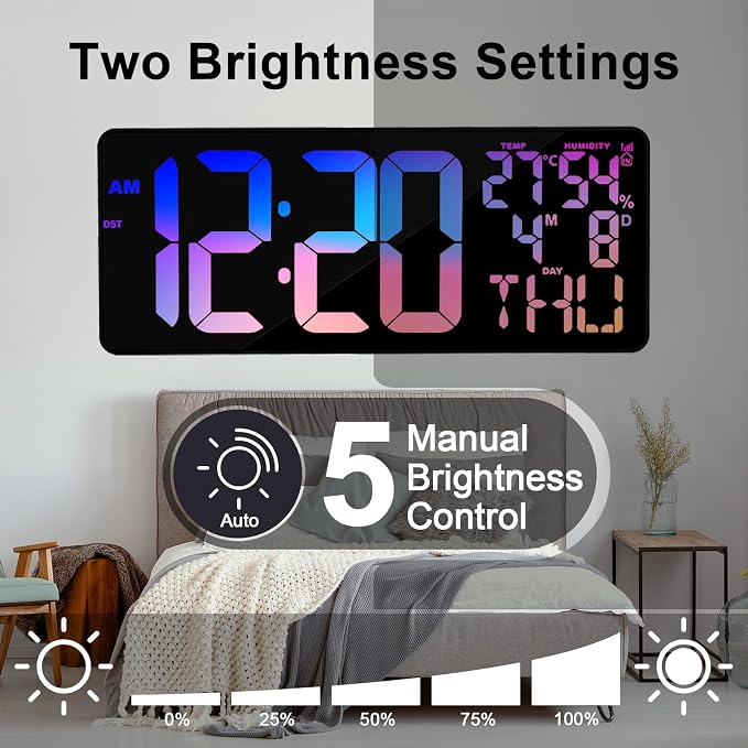 11 RGB Color Changes Large Digital Wall Clock/Bluetooth Auto Time Sync, Remote-Controlled Digital Wall Clock Large Display with Alarm/Timer Function, DST, Indoor Temperature/Humidity Display (18 inch)