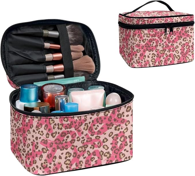 Breast Cancer Support Makeup Organizer Case, Pink Ribbon Toiletry Bag for Women, Leopard Print Travel Cosmetic Bag for Toiletries Essential