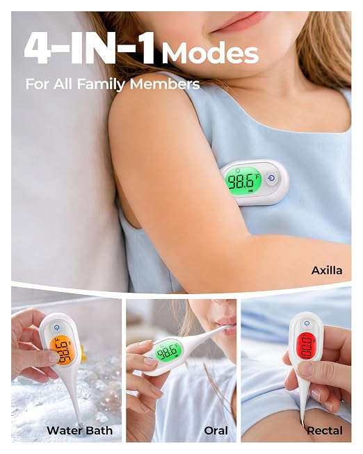 Femometer 7 Seconds Digital Thermometer for Adults and Kids | Large Screen, 3-Color Backlight, Fever Alarm, for Oral Rectal Underarm Bath Use, 10 Memory Recall, Water Resistant