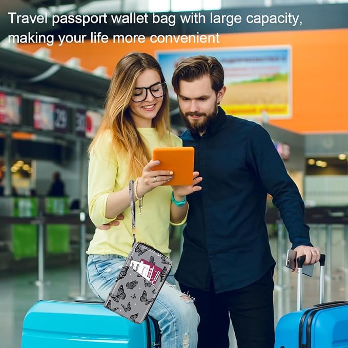 Family Passport Holder Wallet RFID Blocking Document Organizer | PU Leather Mulit-purpose Travel Wallet Credit Cards Case for Women Men, Butterfly